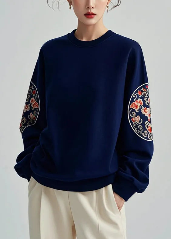 Navy O Neck Print Cotton Pullover Sweatshirts Fall