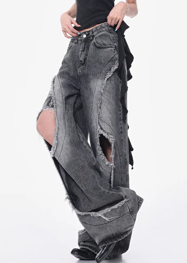 Modern Dark Gray Hole Pockets High Waist Denim Pants Fall