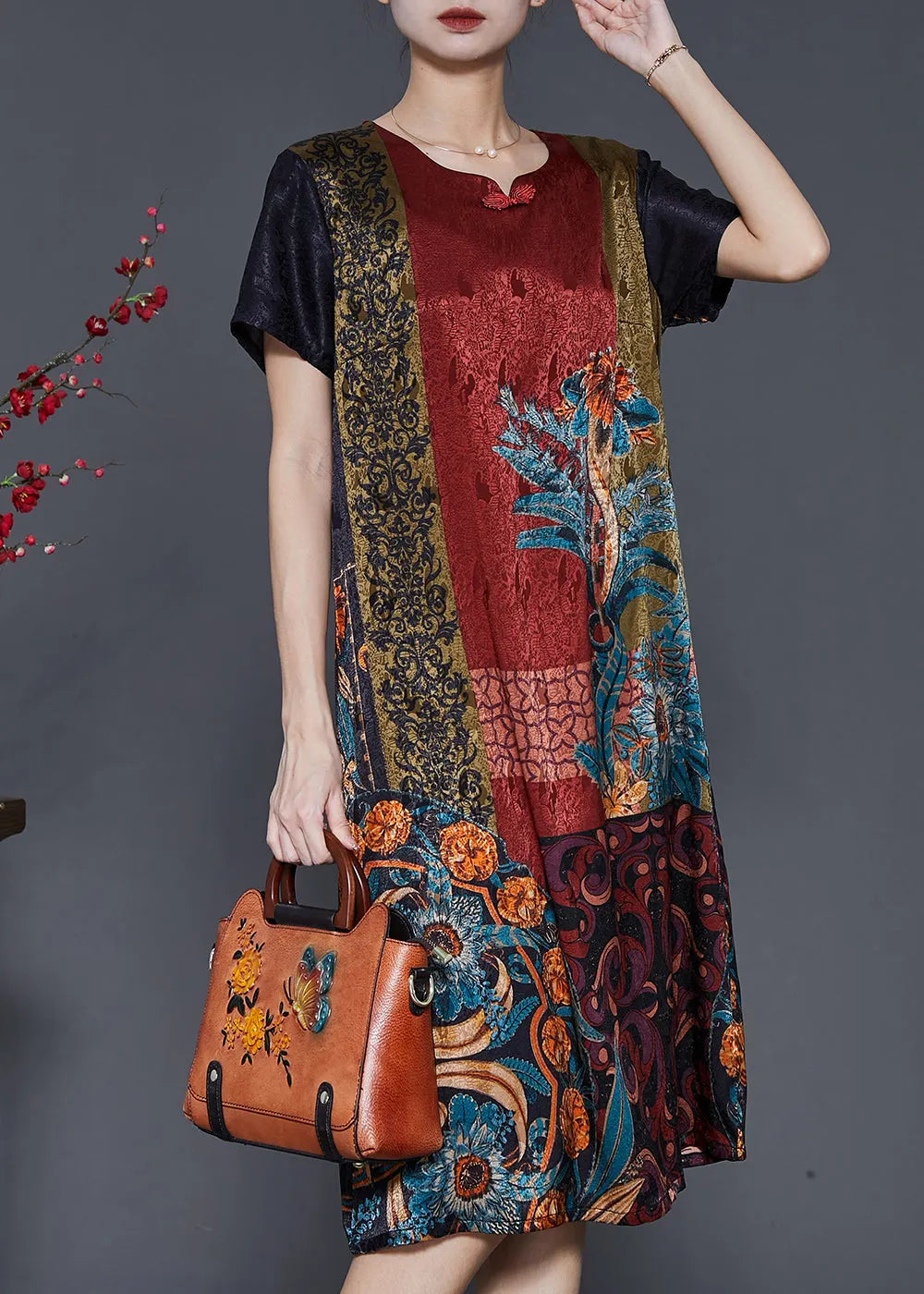 Chocolate Print Chinese Button Silk Dresses Summer