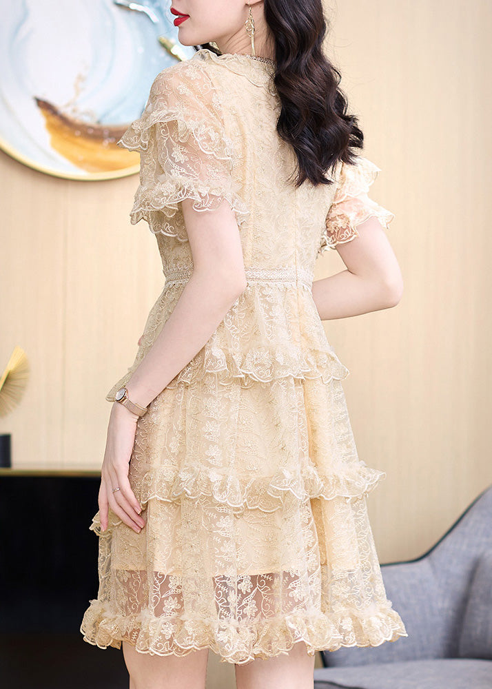 Khaki Embroidered Ruffled Lace Mid Dress Summer