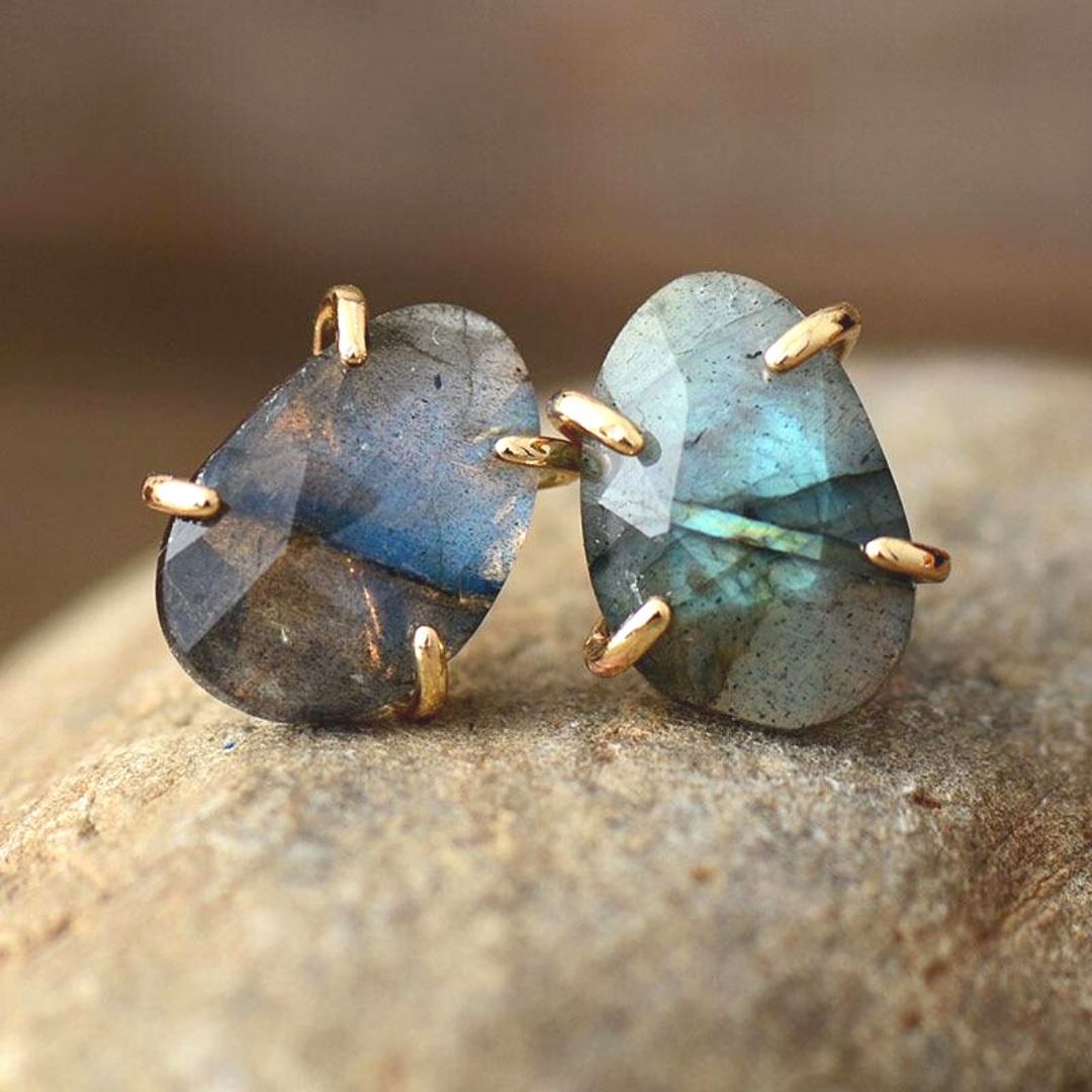 Gold Oval Labradorite Stud Earrings