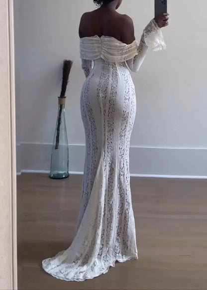 White Slash Neck Off Shoulder Long Dress Flared Sleeves