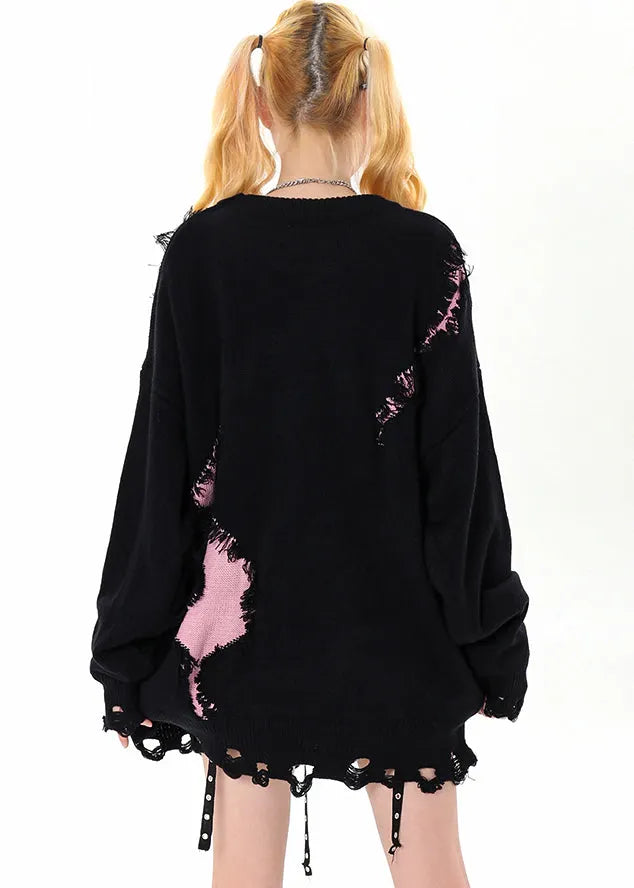 Diy Black Oversized Patchwork Ripped Sweater Winter