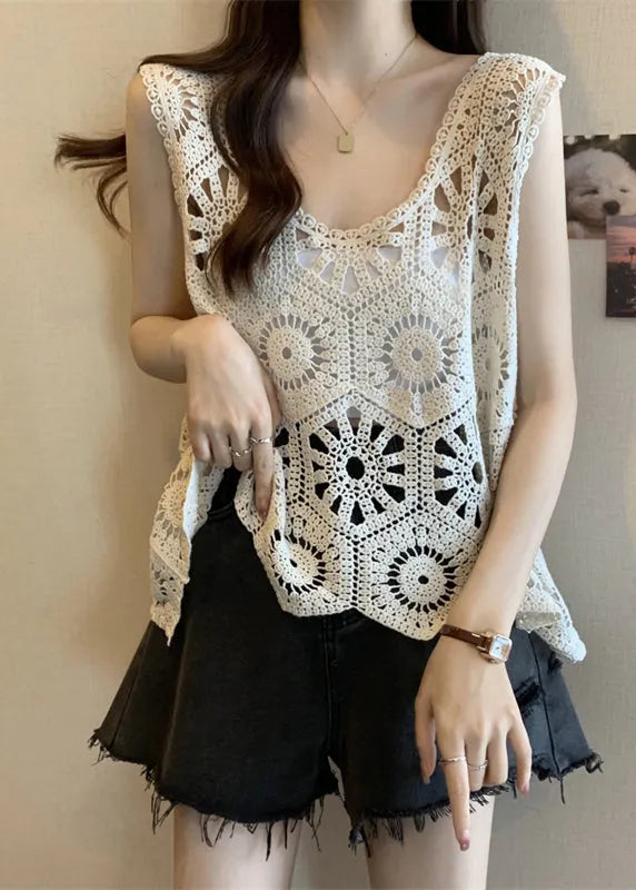 White Hollow Out Oversized Knit Vests Summer