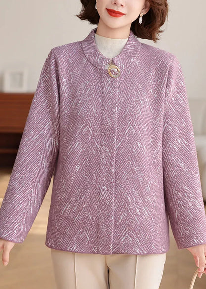 New Purple O-neck Patchwork Knit Cardigan Fall