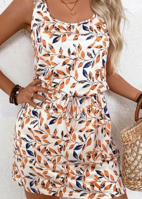 O Neck Print Drawstring Lace Up Cotton Mid Dresses Sleeveless