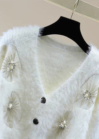 Pink V Neck Zircon Thick Mink Hair Knitted Sweater Winter