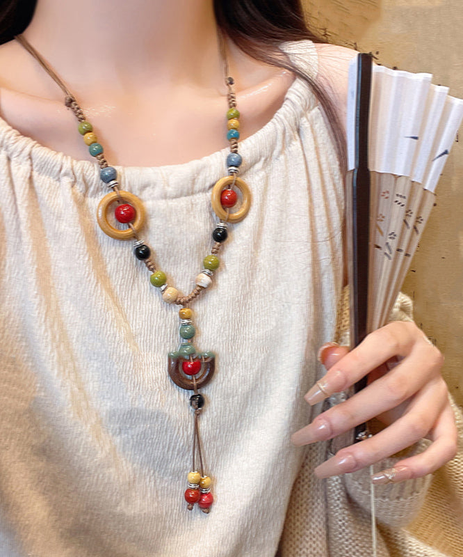 Rainbow Nylon Rope Ceramic Beads Pendant Necklace