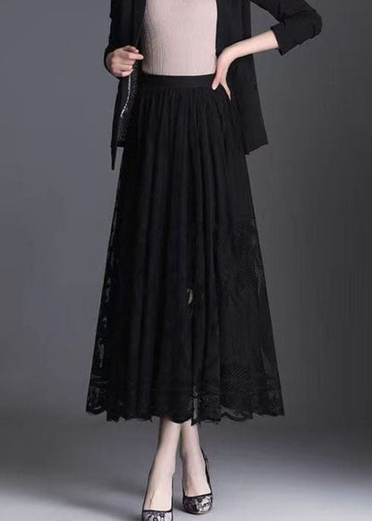 Fine Black Wrinkled Patchwork Hollow Out Lace Skirt