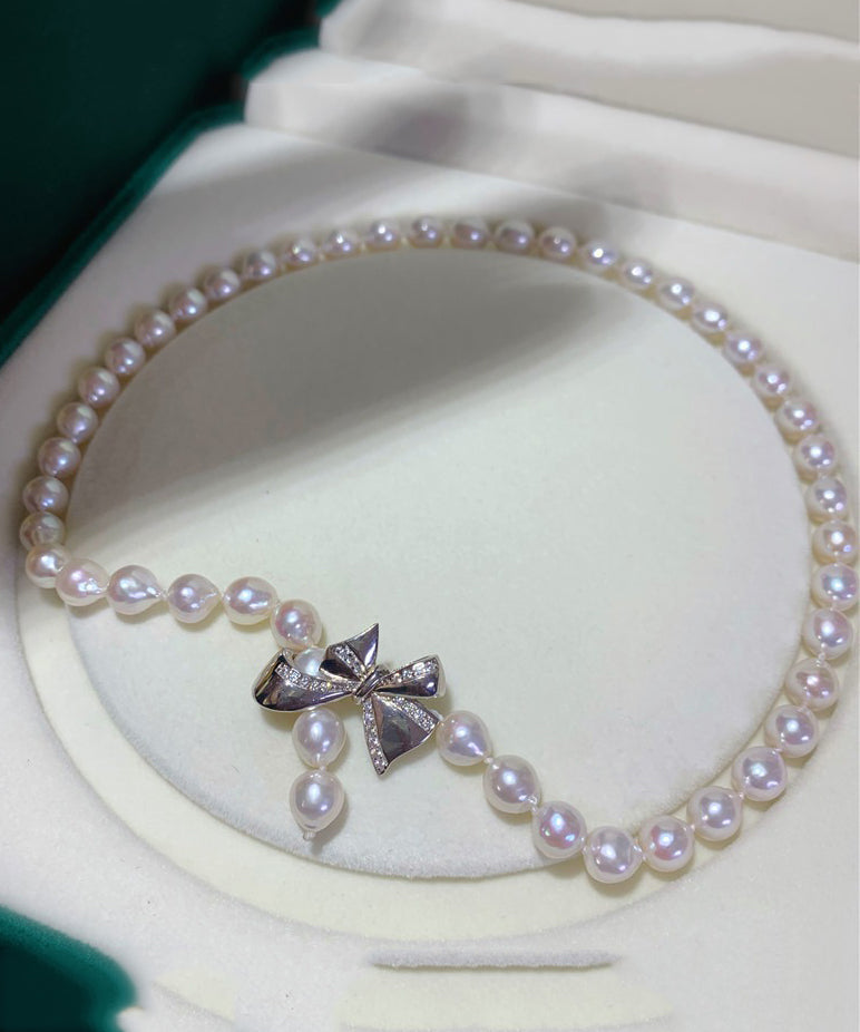 White Pearl Bow Zircon Pendant Necklace