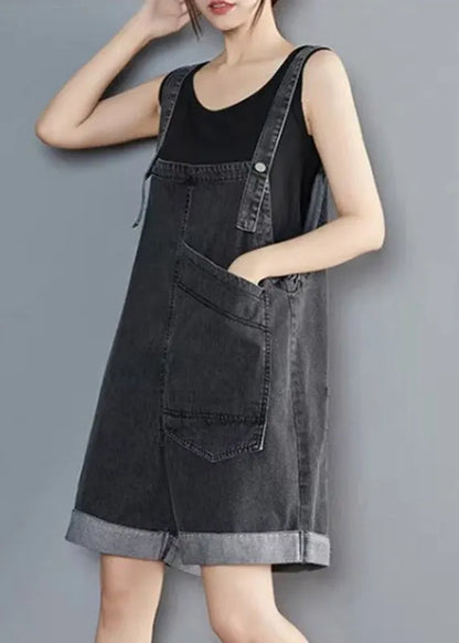 Handmade Black Asymmetrical Patchwork Pockets Denim Jumpsuit Sleeveless