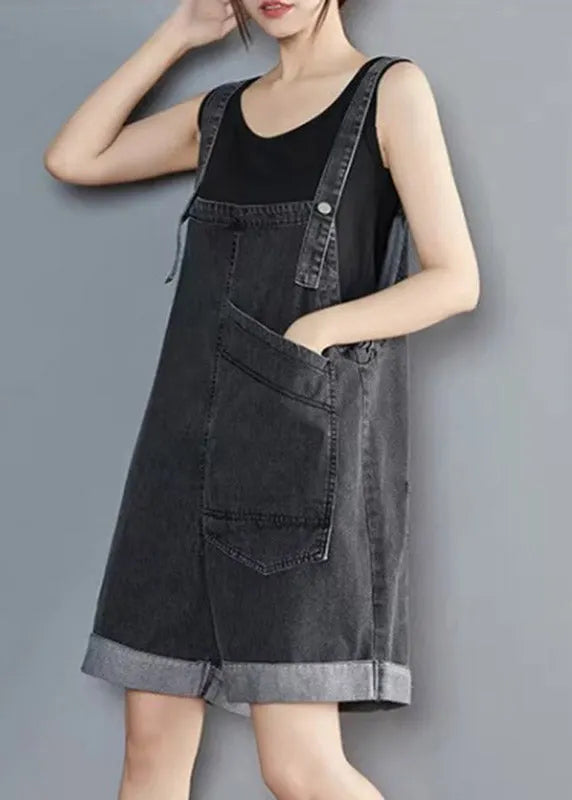 Handmade Black Asymmetrical Patchwork Pockets Denim Jumpsuit Sleeveless