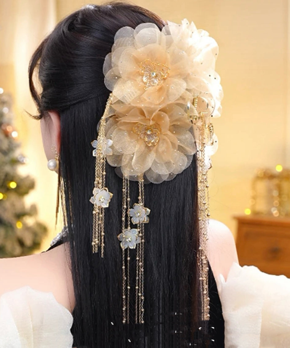 New Champagne Tulle Zircon Butterfly Tassel Hairpin