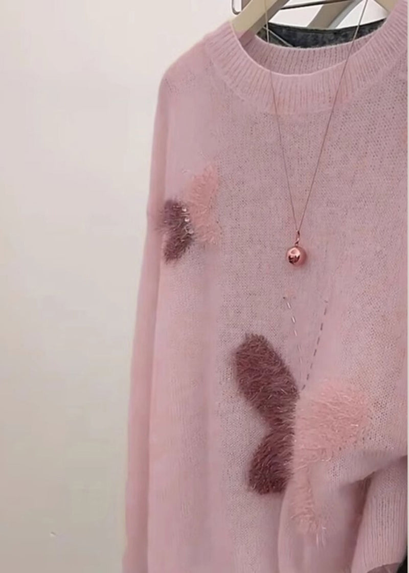 Pink Oversized Butterfly Knit Short Sweater Spring