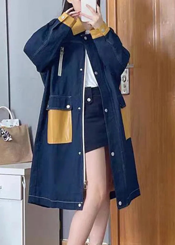 Denim Blue Peter Pan Collar Patchwork Zippered Button Linen Long Trench Coats Fall