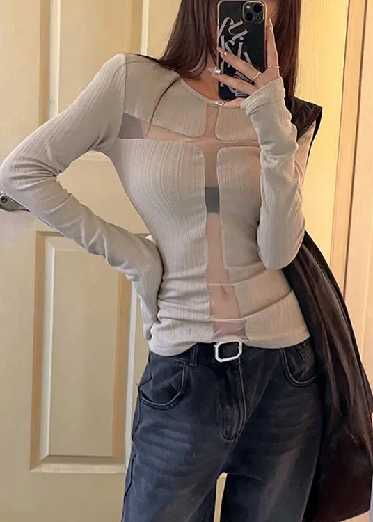 French Cross Hollow Out Slim Fit Tulle Top Fall