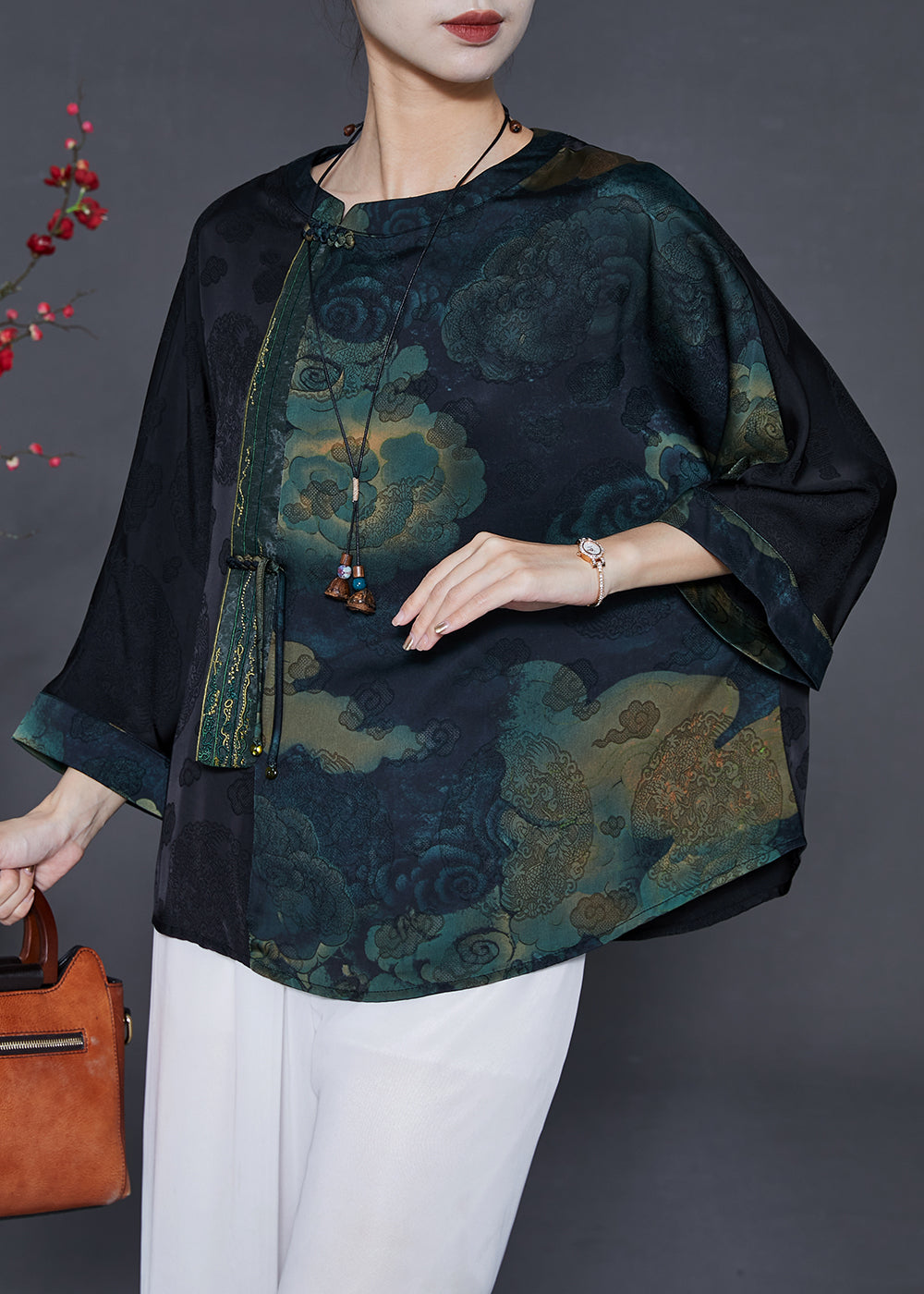 Black Tasseled Patchwork Silk Shirts Bracelet Sleeve