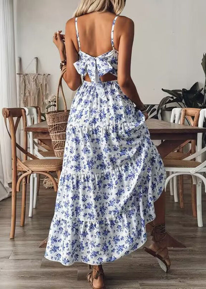 Blue Print Bow Cotton Spaghetti Strap Dress Summer