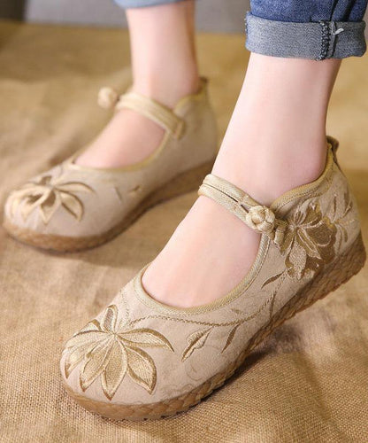 Buckle Strap Flat Feet Shoes Green Embroidered Cotton Fabric