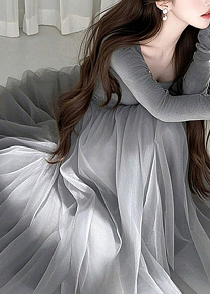 Grey O-neck Tulle Maxi Dress Spring