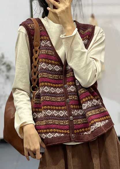 Green V Neck Button Cotton Knit Waistcoat Sleeveless