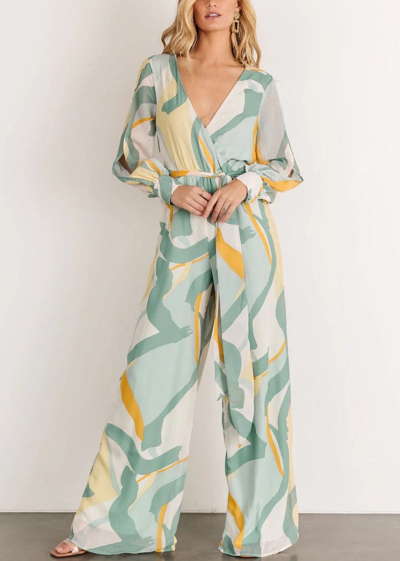 Green V Neck Print Chiffon Jumpsuit Long Sleeve