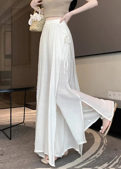 Beige Lace Up Linen Wide Leg Pants Elastic Waist Fall
