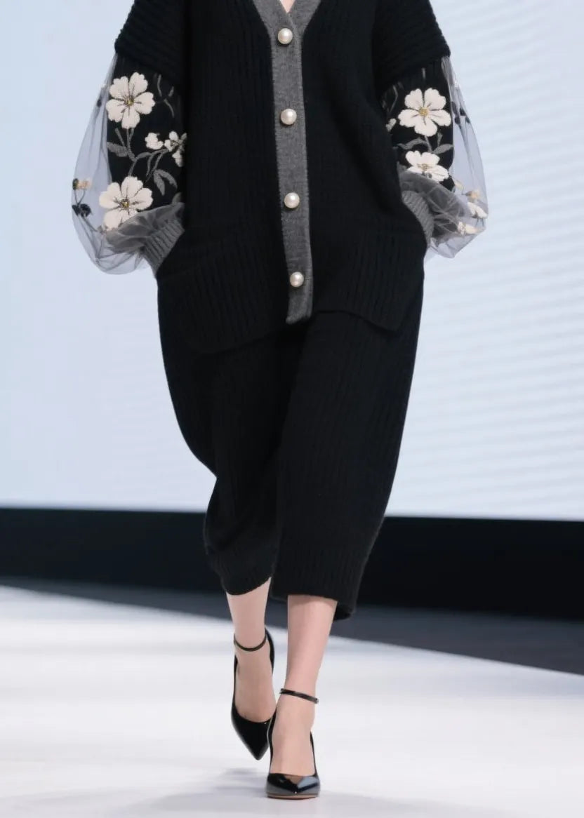 Black V Neck Tulle Patchwork Knit Cardigans Fall