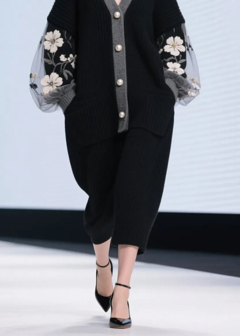 Black V Neck Tulle Patchwork Knit Cardigans Fall