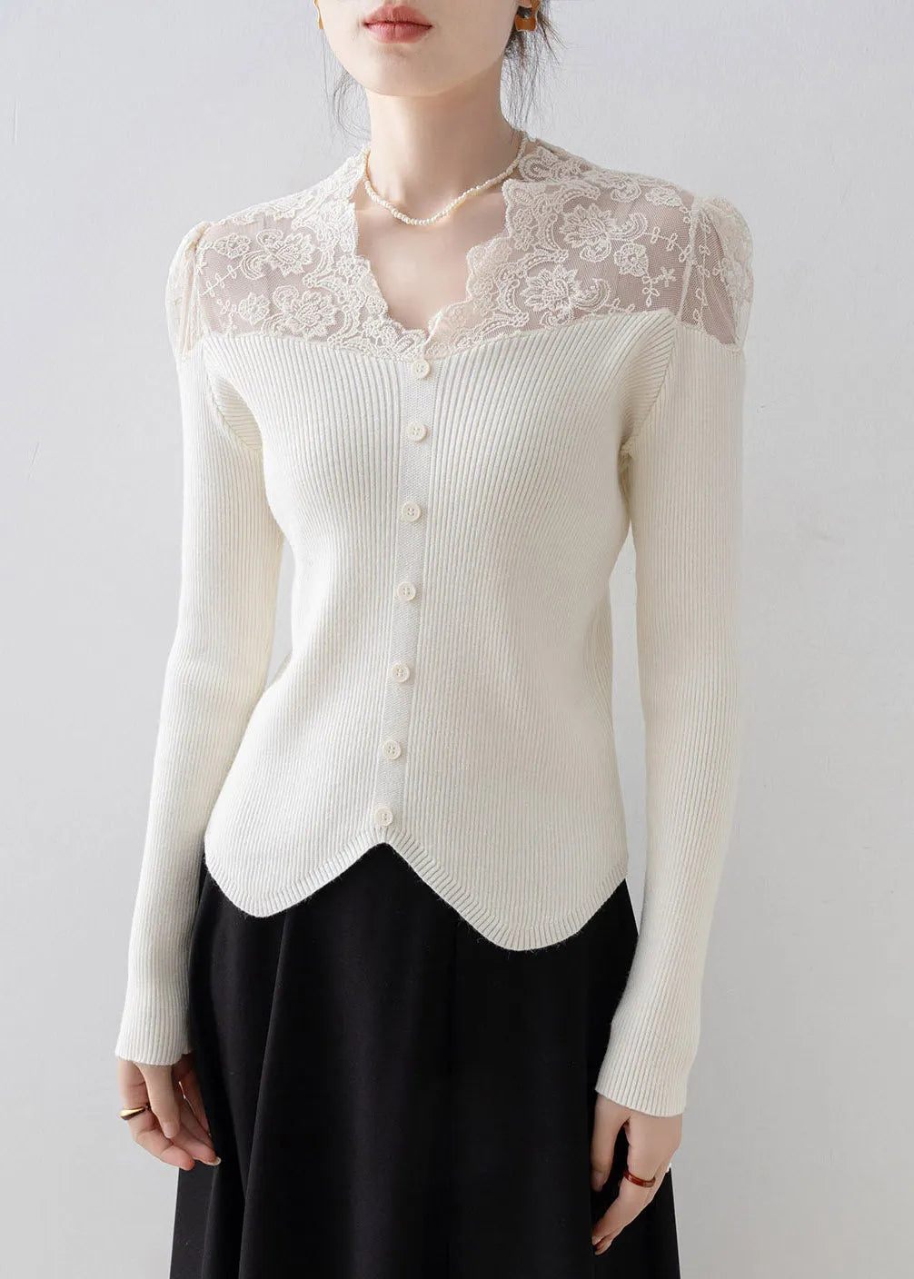 Apricot V Neck Lace Patchwork Knit Sweater Spring