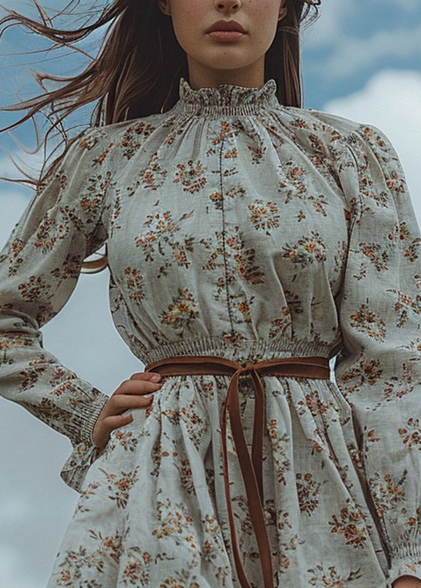 Ruffled Print Pastoral Style Cotton Mini Dress Spring