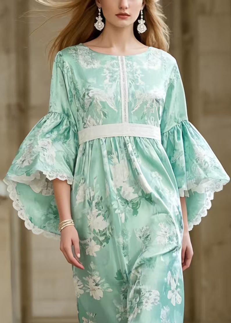 Light Green Print Tunic Patchwork Lace Party Dress Flare Sleeve