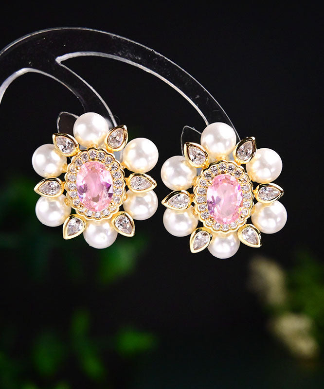 Pink Sterling Silver Crystal Pearl Zircon Stud Earrings