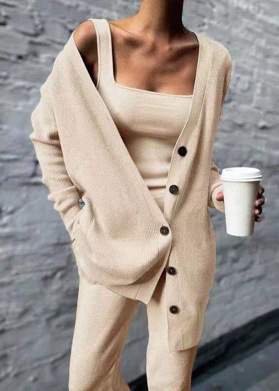 Black V Neck Button Knit Three Pieces Set Fall
