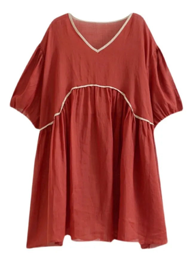 Red Wrinkled Patchwork Mid Dress Summer