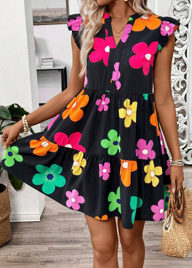 White V Neck Print Cotton Dresses Butterfly Sleeve