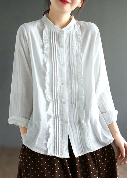 White Stand Collar Ruffled Patchwork Cotton Blouse Tops Spring