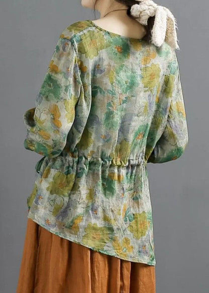 Green O Neck Print Lace Up Patchwork Linen Tops Summer