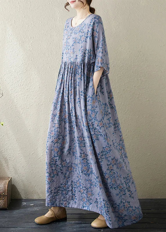 Handmade Blue O Neck Print Cotton Dress Summer