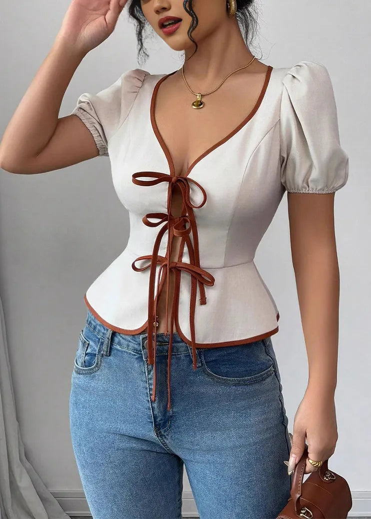 French White V Neck Lace Up Puff Sleeve Cotton Top