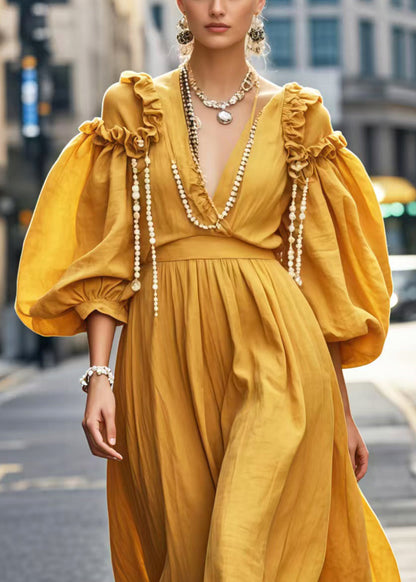 Yellow Ruffled Cotton Dresses Puff Sleeve