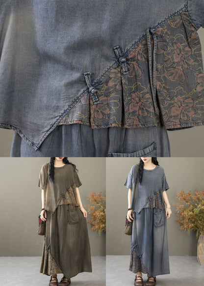 Blue Print T Shirt and Skirts Two Piece Set Short Sleeve