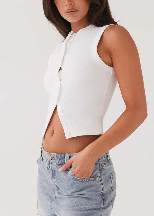 French Grey O Neck Button Knit Vest Top Sleeveless