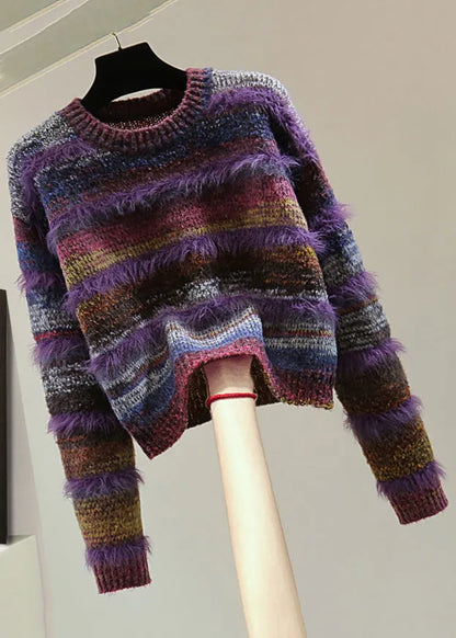 Purple O-neck Thick Striped Cotton Knit Sweater Top Winter