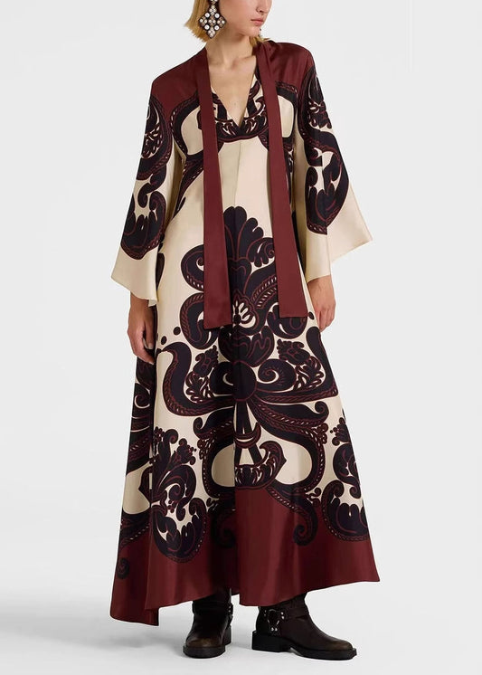French V Neck Print Lace Up Cotton Long Dress Flare Sleeve