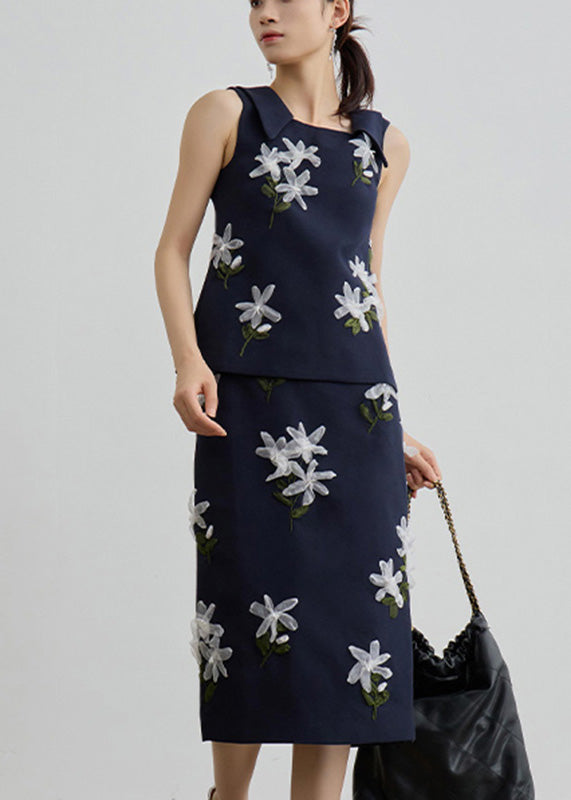 Navy Vest and Maxi Skirts Two Piece Set Sleeveless