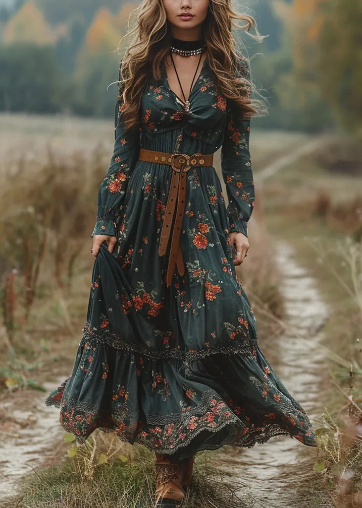Green V Neck Print Patchwork Cotton Maxi Dresses Spring
