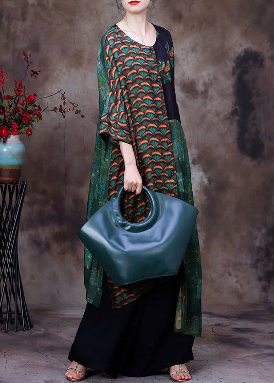 Natural Green O-neck Asymmetrical Print Patchwork Silk Cardigans and Wide Leg Pants Two Pieces Set Long Sleeve