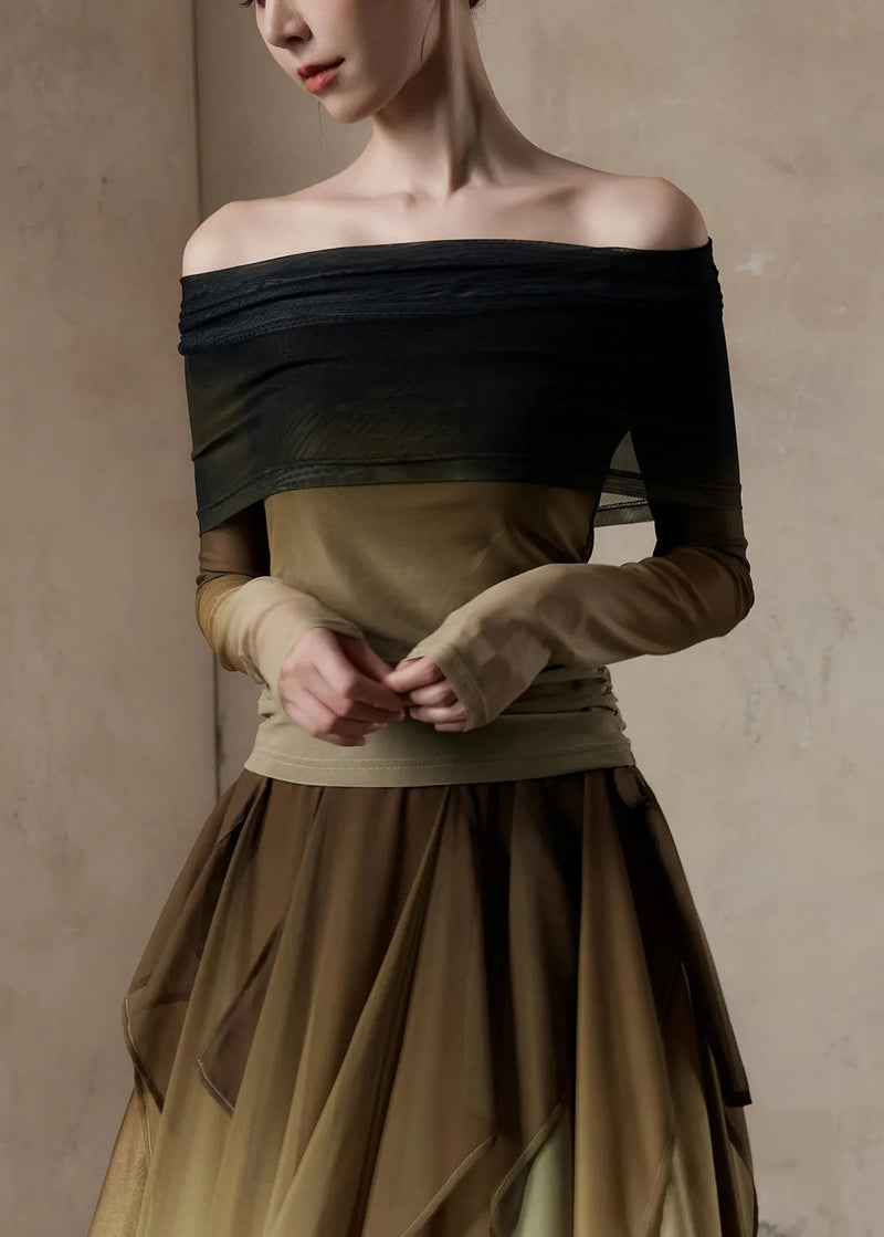 Slim Fit Gradient Color Slash Neck Tulle T Shirt Fall