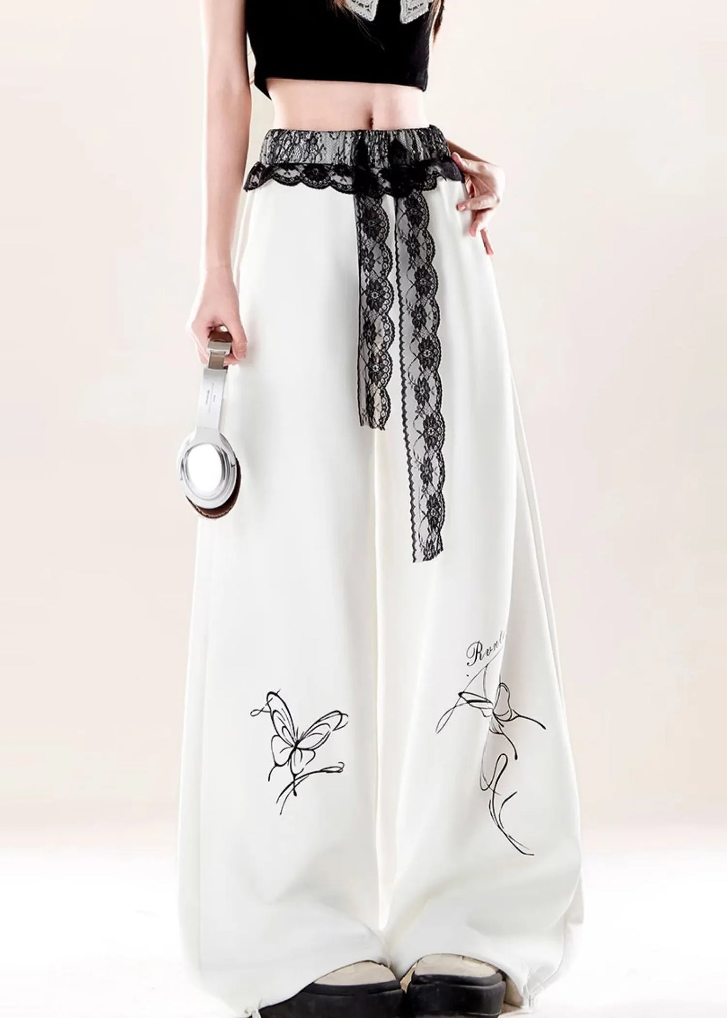 French White Print Patchwork Lace Wide Leg Pants Fall